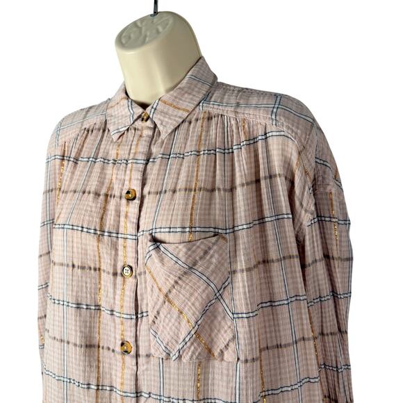 Free People Top Women XS Break My Stripe Plaid Oversized Pale Pink Gold Metallic - Picture 4 of 16